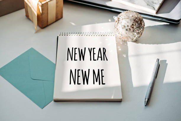 istock NEW YEAR NEW ME text in open notepad on table at home. Setting goals and new years resolution. New year loading. 1621176879