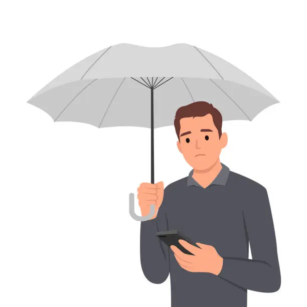 Vector illustration of Sad man with umbrella stands in rain and reads SMS in mobile phone from girlfriend who refused to come on date. Concept of autumn depression due to bad weather.