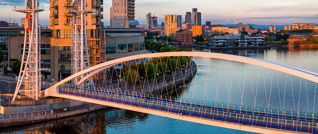 Aerial footage of Salford Quays, Great Manchester during a sunset time.