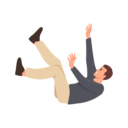 Person falling down from above. Fall of young man. Failure, fiasco, life crisis, tragedy, sudden problems and difficulties concept. Flat vector illustration isolated on white background