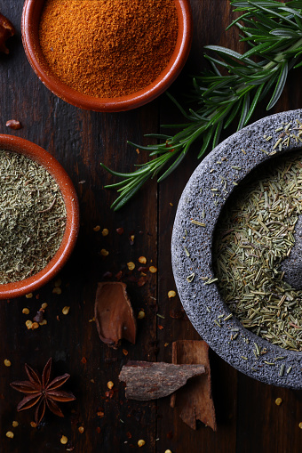 Mortar and Pestle with herbs and spices