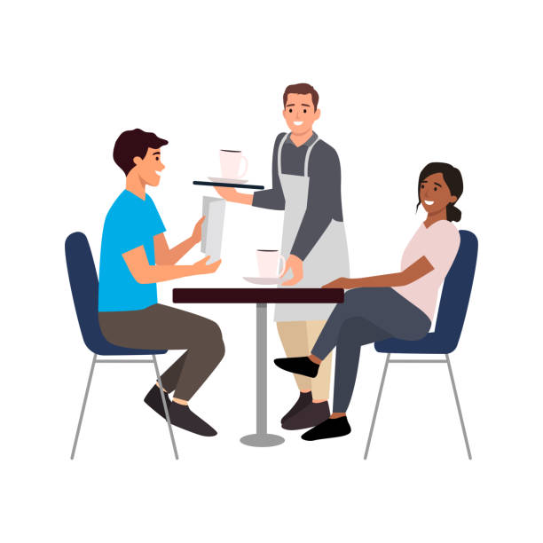 Modern summer cafe in quarantine time. Young people resting in a cafe at a safe distance. New normal gathering concept. Couple ordering menu in a cafe. Modern summer cafe in quarantine time. Young people resting in a cafe at a safe distance. New normal gathering concept. Couple ordering menu in a cafe vector. Flat vector illustration isolated on white background person sitting on fence stock illustrations