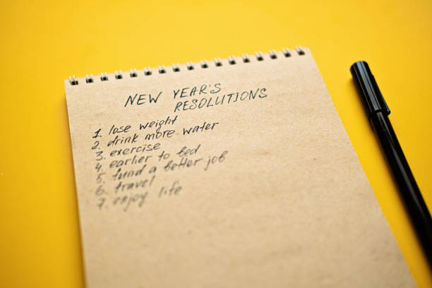 istock New year resolution, Goals for the 2023 year, list resolution to improve life in open notepad on yellow desk background. Start new life, planning and setting goals 1621204218