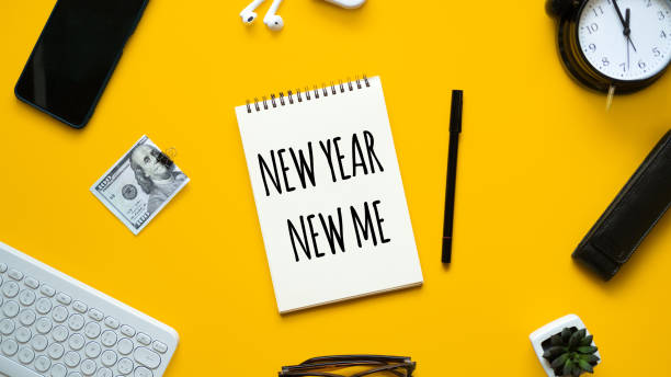istock New year new me text in open notepad on yellow background. Setting goals and new years resolution. New year loading. 1621204237
