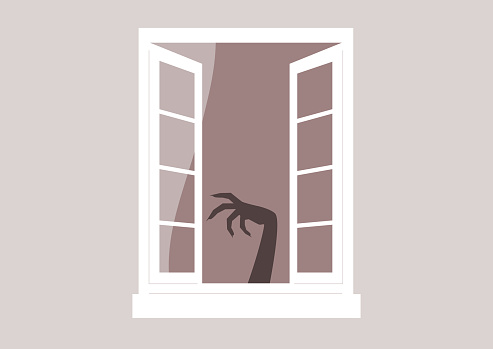 An eerie scene unfolding as a monstrous hand emerges through an open window frame, serving as a metaphor for phobias and anxieties that can be unsettling