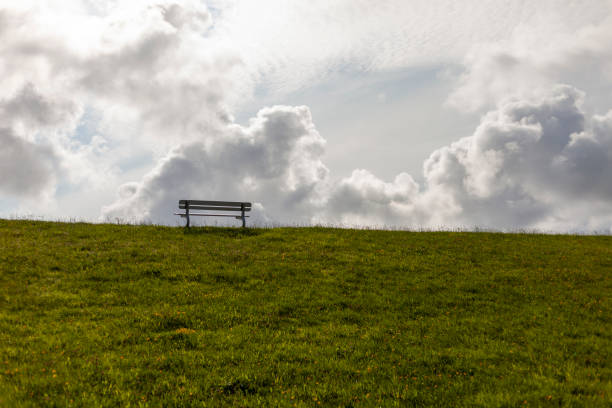 istock Bench on a hillside with green grass and blue sky with clouds 1621268120