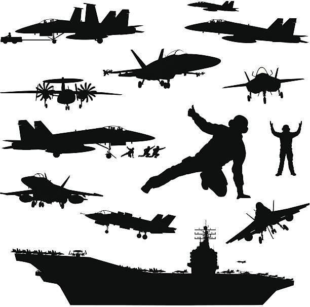 Naval aviation silhouettes Aircraft carrier and naval aircrafts high detailed silhouettes set#2. Vector us military silhouette stock illustrations