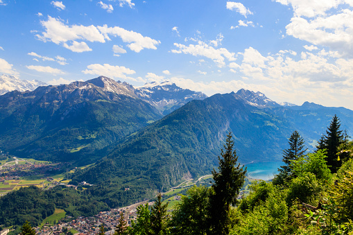 Breathtaking aerial view of Interlaken and Swiss Alps from Harder Kulm viewpoint, Switzerland