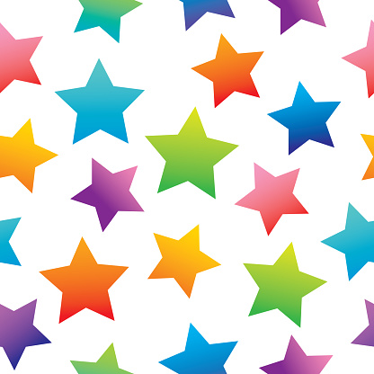 Vector seamless patter of colorful gradient stars on a white square background.