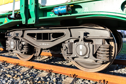 High speed train driving on railroad track.