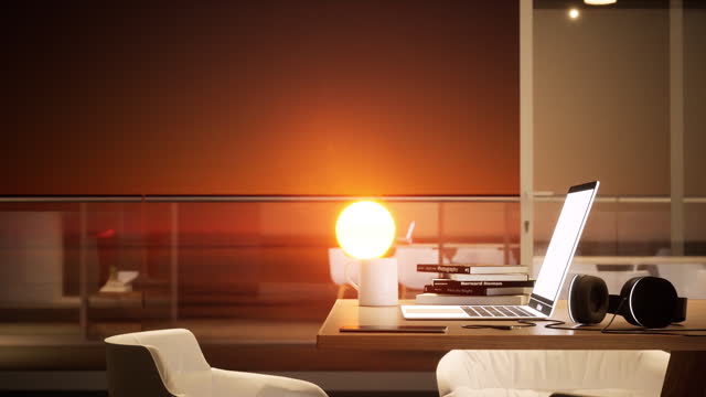 Working table, sea view, sipping coffee and a beautiful sunset light overlooking the sea.