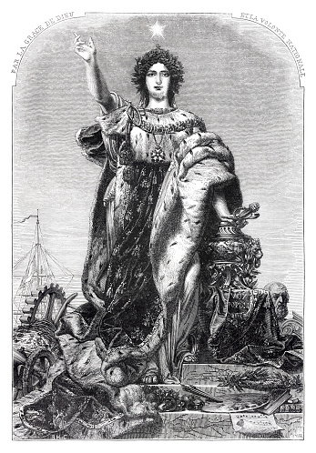 Marianne has been the national personification of the French Republic since the French Revolution, as a personification of liberty, equality, fraternity and reason, as well as a portrayal of the Goddess of Liberty.
Allegorical sculpture are sculptures of personifications of abstract ideas as in allegory.
Original edition from my own archives
Source : Correo de Ultramar 1855
after A. Marc