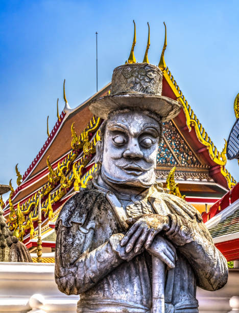 Marco Polo Guardian Wat Pho Po Temple Complex Bangkok Thailand. Built in 1600s. Ceramics for temple came from China. Chinese also produced concrete guardians to stabilize ceramics in ships. Many believe that this guardian image is Marco Polo.