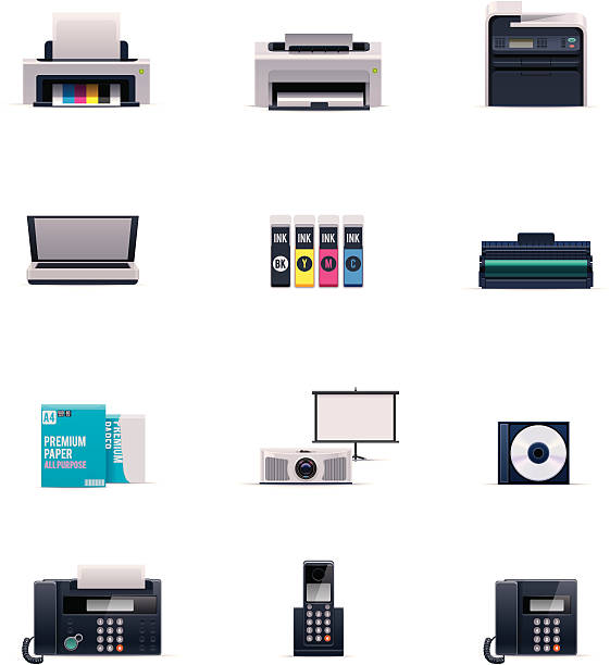 ilustraciones, imágenes clip art, dibujos animados e iconos de stock de electrónica conjunto de iconos de oficina - tóner