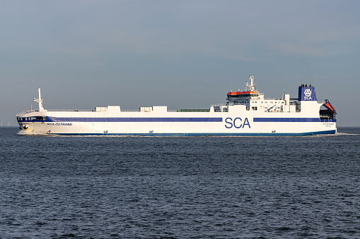 Cuxhaven, Germany - October 29, 2021: ro-ro vessel SCA Östrand on the river Elbe