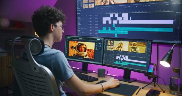 istock Young editor, video maker edits movie on computer at home 1621382841