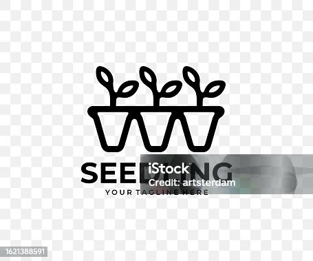 istock Seedling in cassette pots, plants, agriculture and gardening, linear graphic design. Cultivation of seedlings, agronomy, greenhouse, growing and planting, vector design and illustration 1621388591