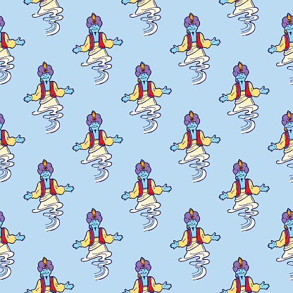 Vector seamless pattern of floating magical genies on a light blue square background.