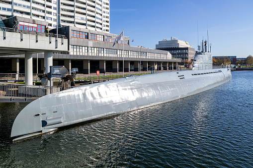 Bremerhaven, Germany - October 28, 2021: technical museum submarine Wilhelm Bauer in the museum harbor of Bremerhaven