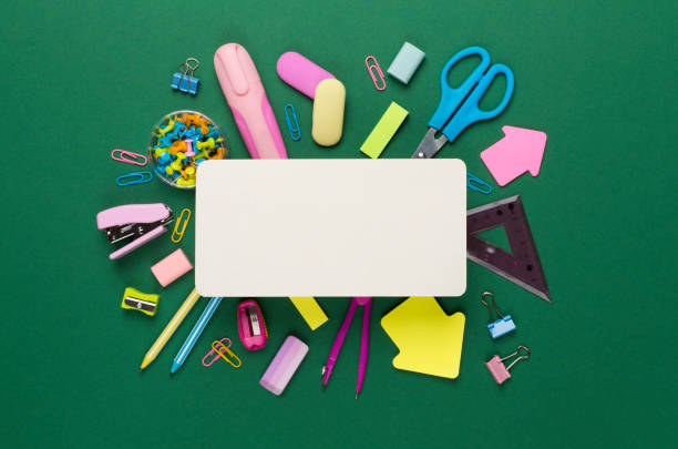 istock Various school stationery with space for text on color background, top view 1621390843