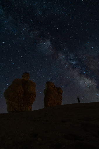 a person watching a meteor shower in the dark area with fairy chimneys. In the dark, millions of stars and the Milky Way are visible in the sky. Taken with a full-frame camera using the long exposure technique.