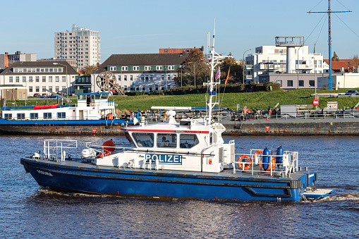 Bremerhaven, Germany - October 28, 2021: Bremen police coast patrol boat Visura in the port of Bremerhaven