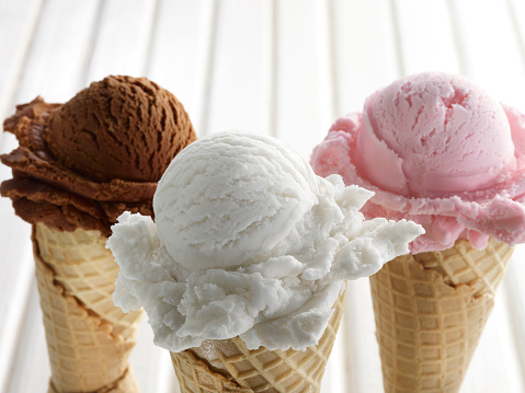 Ice cream cones with chocolate, berry and cream vanilla