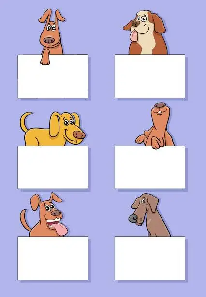 Vector illustration of cartoon dogs and puppies with cards design set