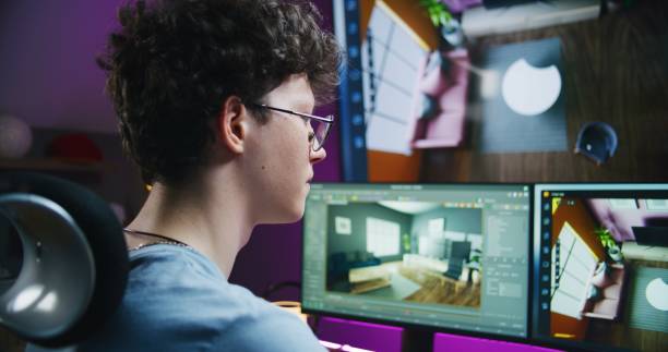 istock Teenager trains house interior design and planning on computer 1621393628