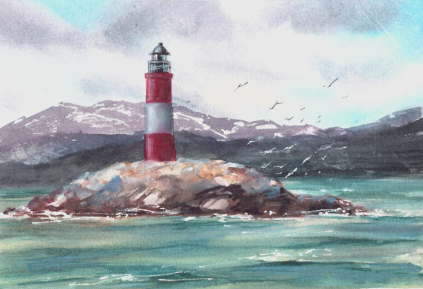 istock Seascape Les Eclaireurs Lighthouse with Cormorants, Sea Lions Watercolor hand painted illustration 1621401968