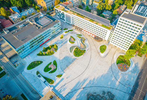 Kaunas city center, Unity square, one of the newest and most modern squares in Europe. Aerial drone view