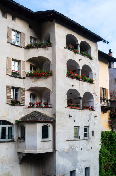 Chiavenna,Italy - July 9, 2023Ancient medieval architecture of the old town of Chiavenna, an Italian commune and a small town in the province of Sondrio, Lombardy