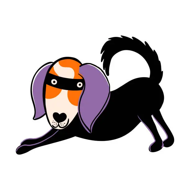 Vector illustration of Cute beagle dog in Halloween costume isolated on transparent background. Dog character in spiderman costume for pets  party. Vector illustration for prints, cards, decorations.