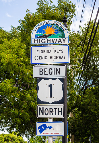 Key West, USA - August 26, 2014: Mile Zero in Key West, highway sign No1 Florida keys.