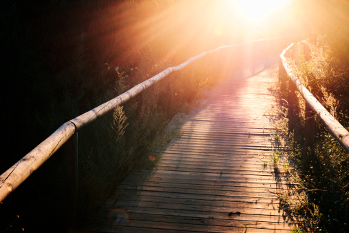 Image of a wooden footbridge taken at sunset in Andalucia, Southern Spain.