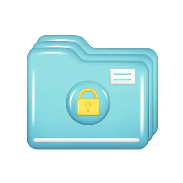 Vector illustration of Realistic 3d blue folder with lock icon. Decorative 3d management, closed file element, web protected symbol, security icon, archive sign. Vector illustration isolated on white background