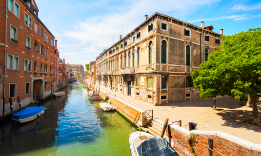 Canal and sidewalk in Venice, Italy.