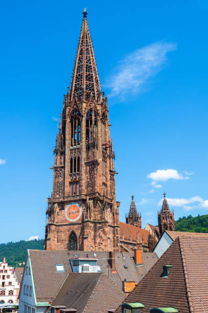 Freiburg, Germany - July 6, 2023: Freiburg Minster is the cathedral of Freiburg im Breisgau, southwest Germany - vertical photo