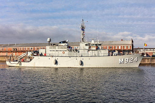 Cuxhaven, Germany - October 25, 2021: Belgian Navy minehunter Primula leaving the port of Cuxhaven