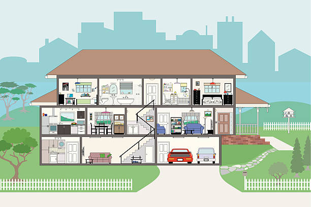 cutaway haus mit hoch detaillierte zimmer eps8 - halbwände stock-grafiken, -clipart, -cartoons und -symbole