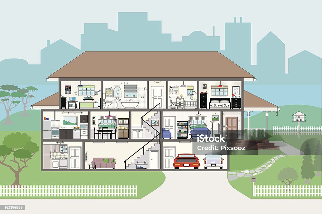 Cutaway House with Highly Detailed Rooms EPS8 Cutaway of residential house - rooms very detailed include wallpaper and furnishings - grouped and layered EPS8 House stock vector