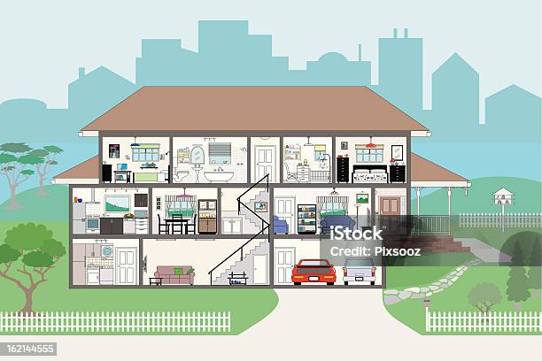 Cutaway House With Highly Detailed Rooms Eps8 Stock Illustration - Download Image Now - House, Dollhouse, Cross Section