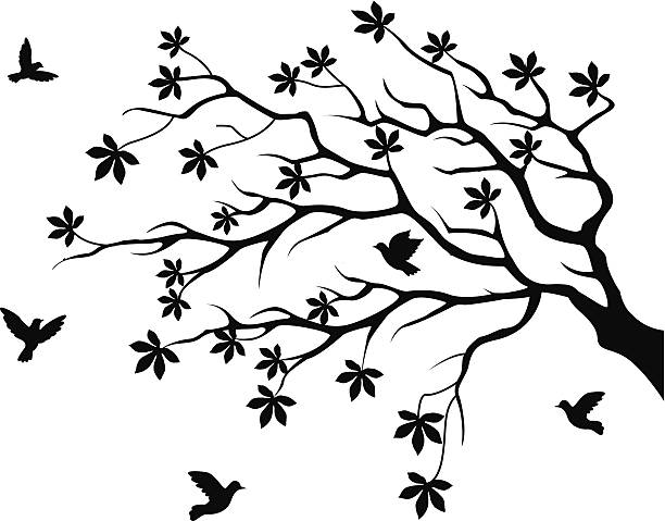 Silueta de árbol con pájaros volando - ilustración de arte vectorial