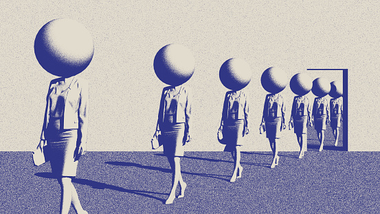 Copies of the same woman with sphere instead of head walking towards the camera. 3D render with non photorealistic shader
