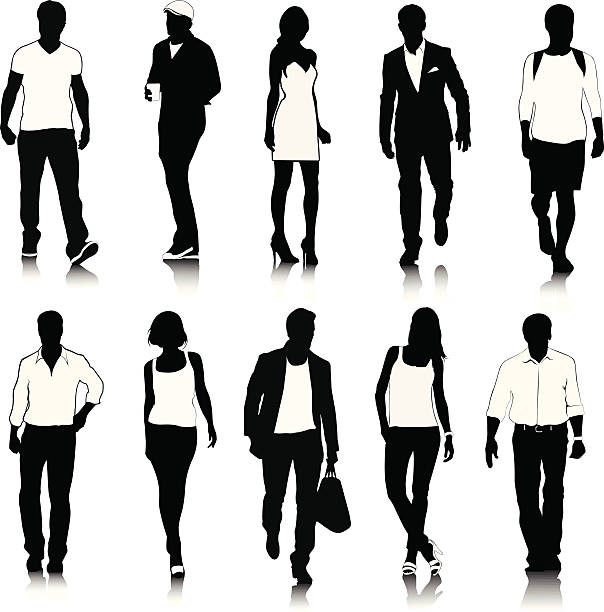 Collection of people silhouettes A group of people silhouettes (male and female). beautiful woman walking stock illustrations