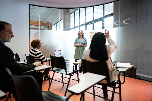 Mature businesswoman talking with employees during a meet/seminar at office