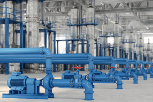 wasserpumpen, rohrleitungen und hochdruckpumpenmotoren im werk - pipe power station valve water stock-fotos und bilder
