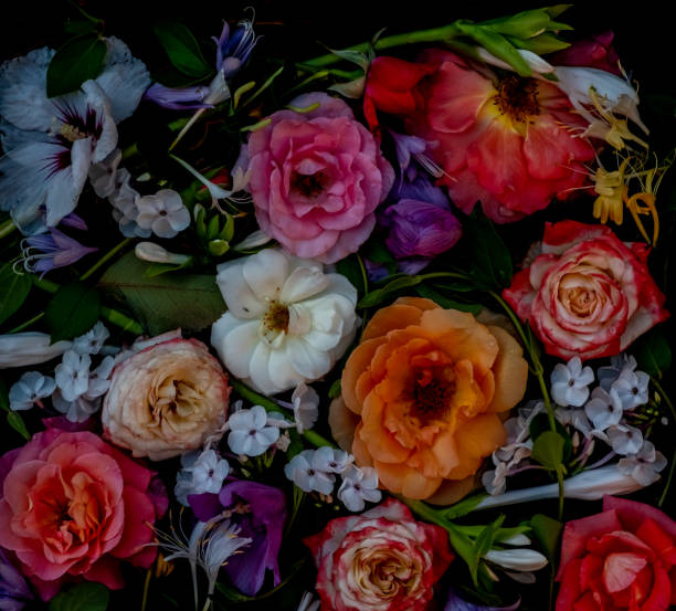 istock Multicolored flowers on a black background, top view. floral backdrop 1621470653