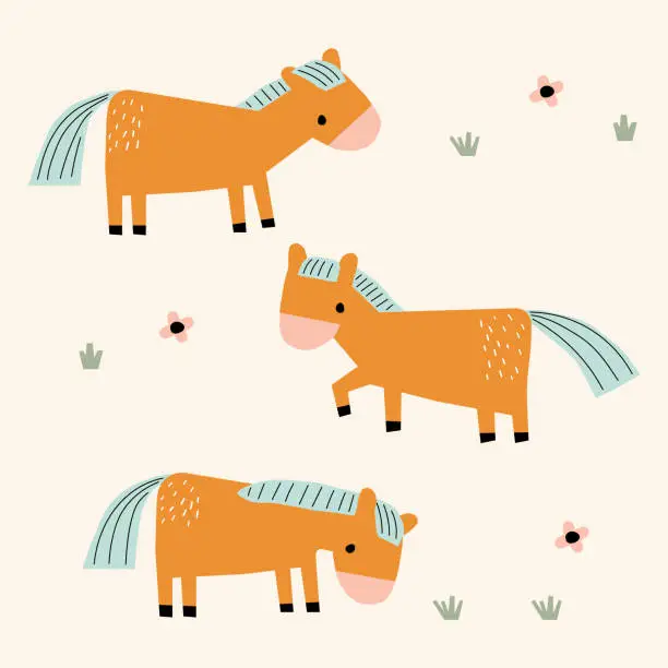 Vector illustration of Isolated cartoon Horses for children's decor.