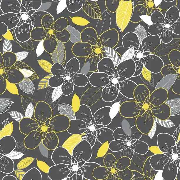 Vector illustration of Vector yellow grey flowers leaves seamless pattern